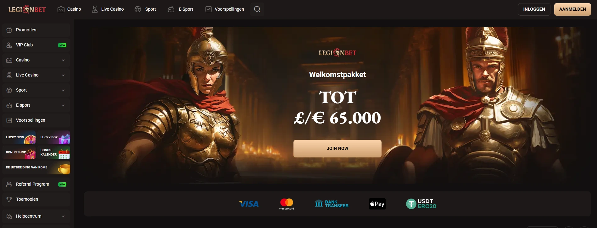 Officiële LegionBet Payments-pagina met actuele stortings- en opnamemethoden