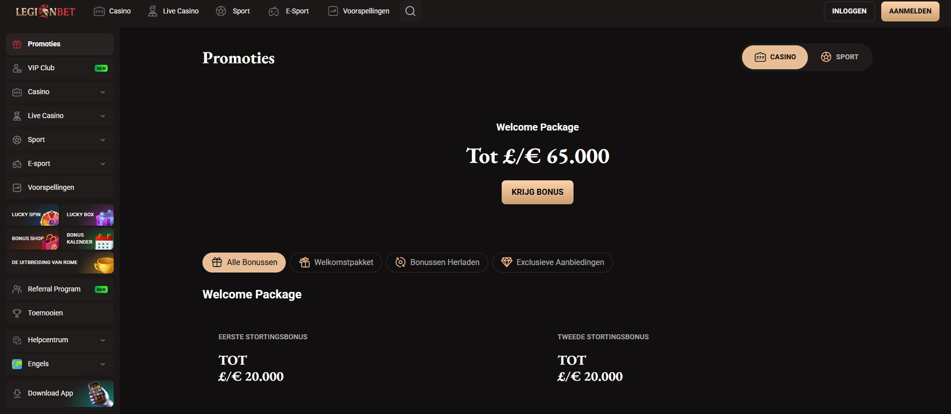 Actuele LegionBet Promotions-pagina met welkomstpakket en reload-promoties