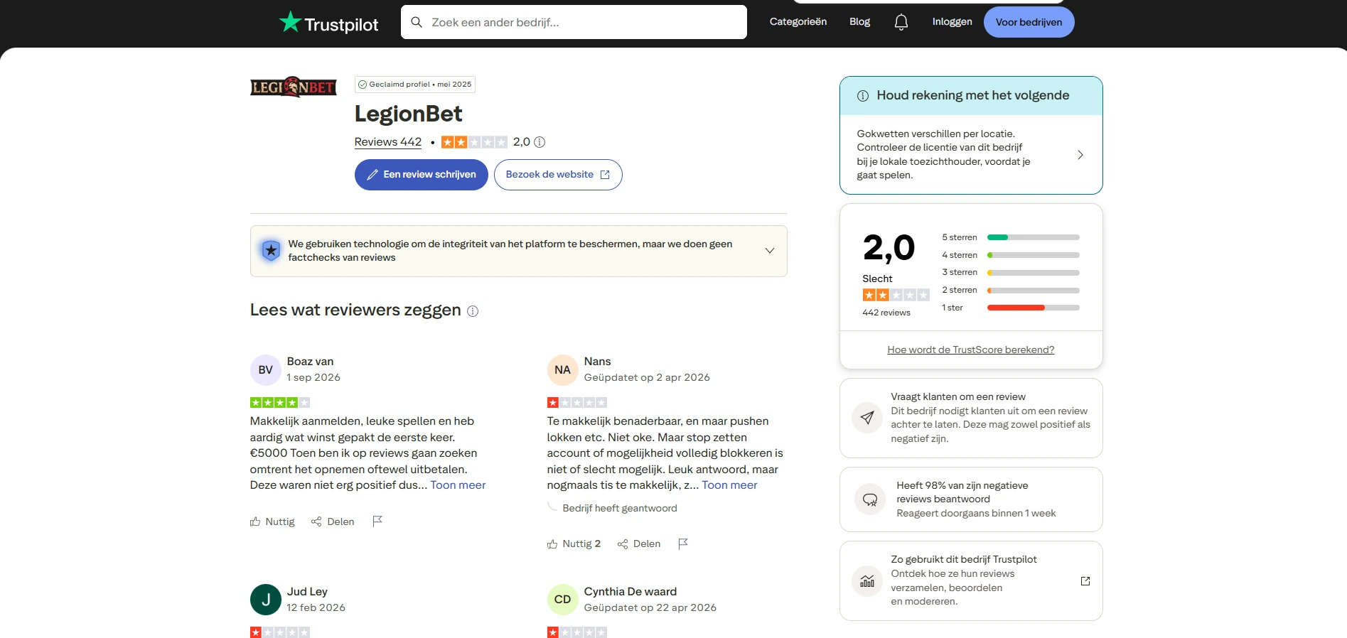 Actuele Trustpilot-pagina van LegionBet met TrustScore, reviewaantal en sterrenverdeling