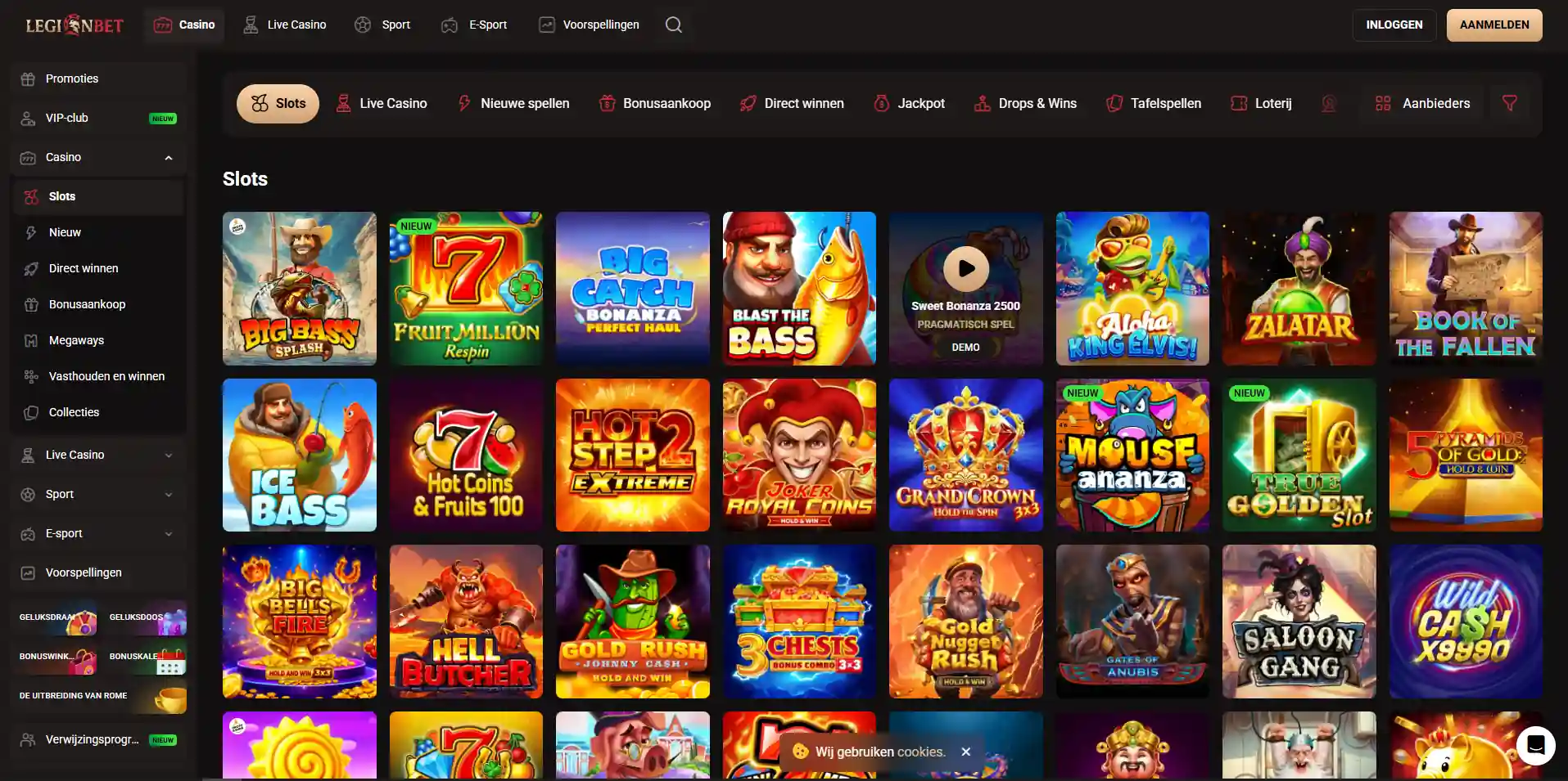 Actuele LegionBet games lobby met slotcategorieën, live casino en filters
