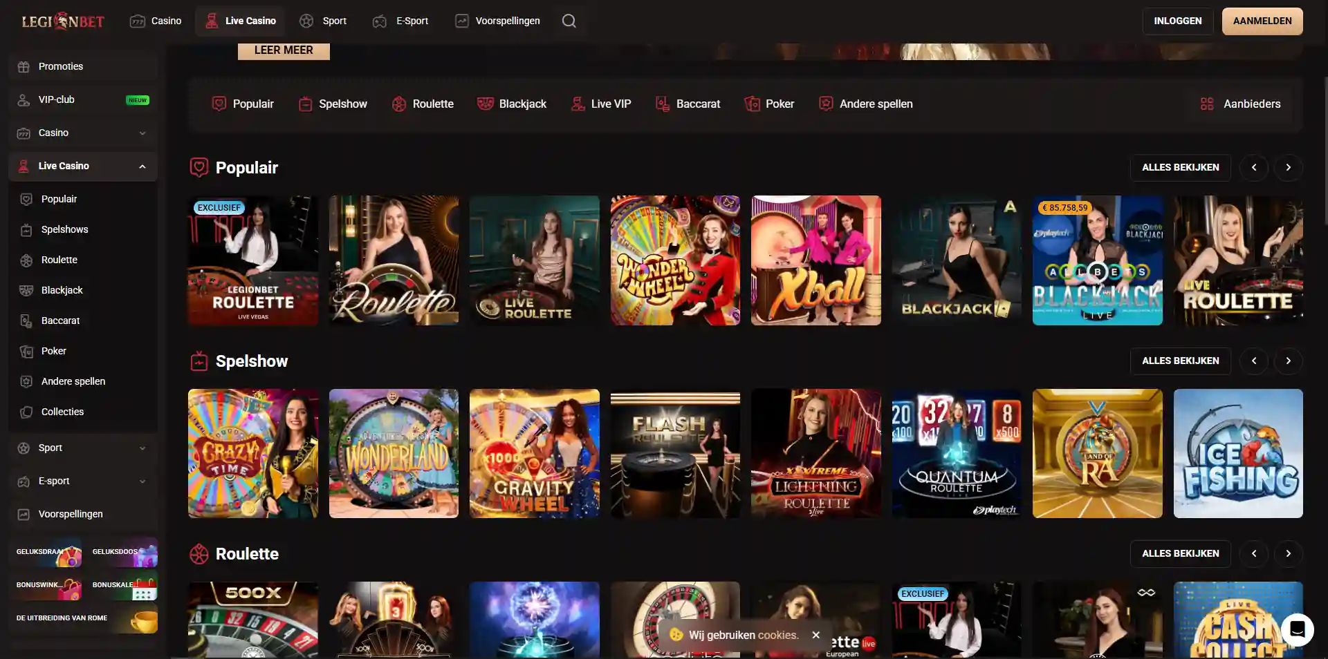 Actuele LegionBet live-casino lobby met providerfilters en tafelcategorieën