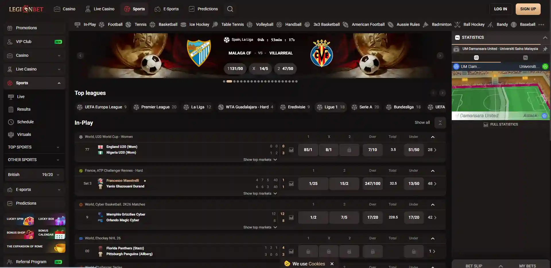 Actuele LegionBet sportsbook-interface met pre-match en live navigatie