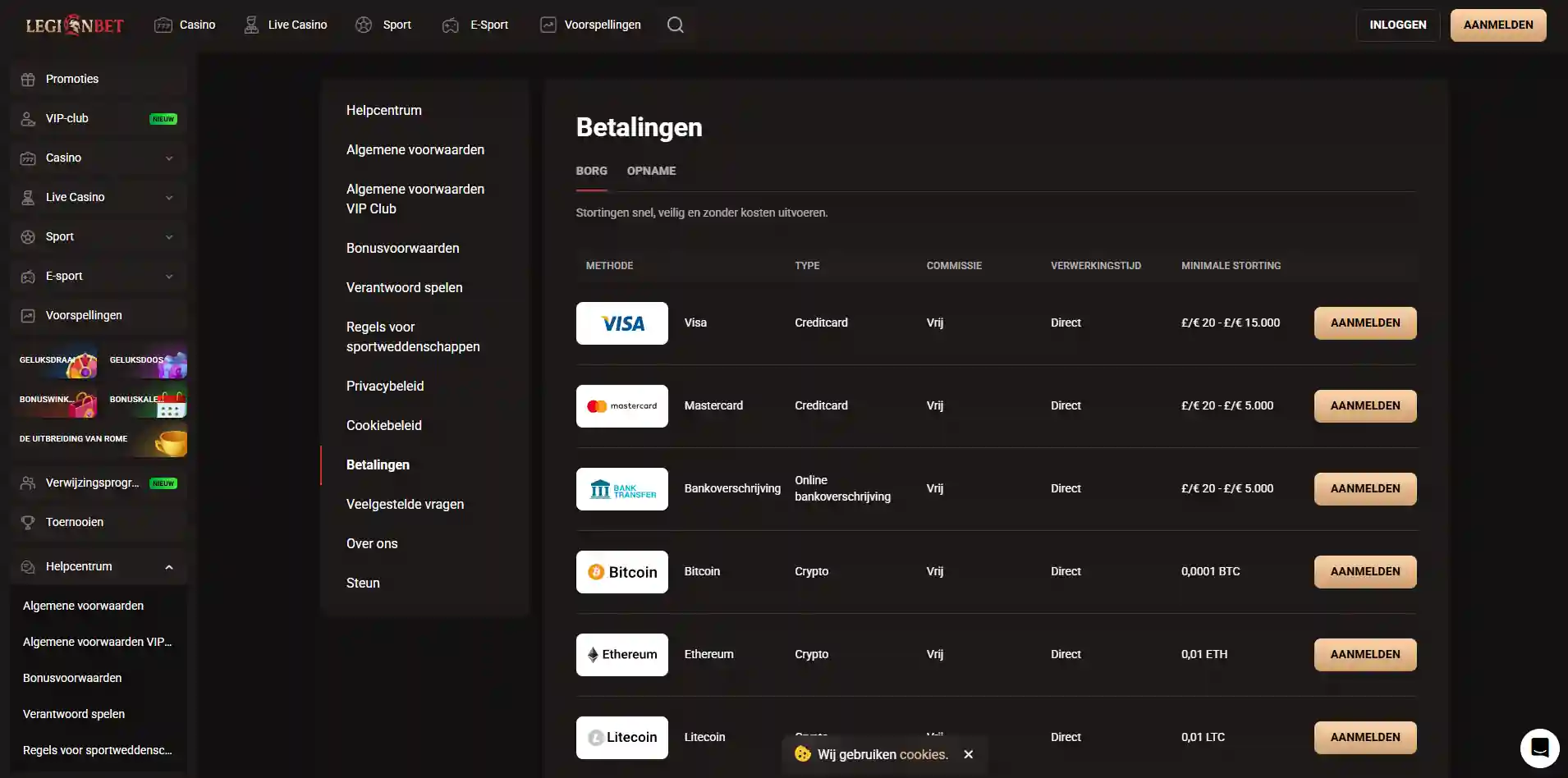 LegionBet Payments-tabel met actuele withdrawal methods, processing times en limits