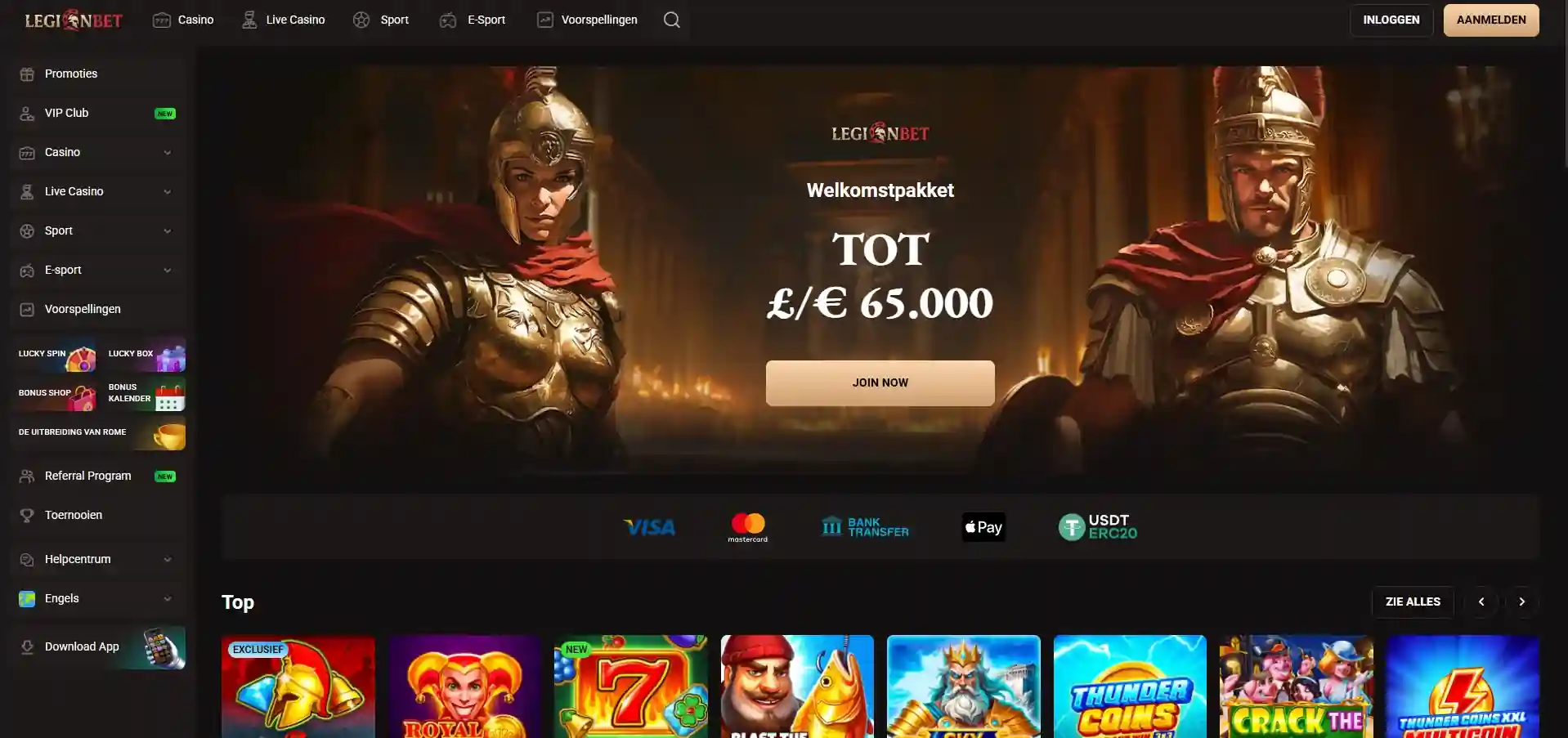 Actuele LegionBet-homepage met casino, live casino, sports en Nederlandse taaloptie